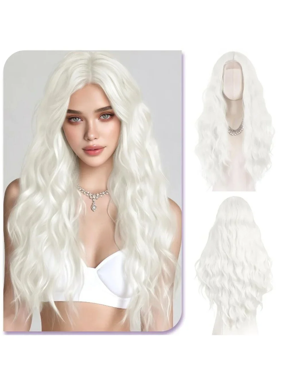 Women's White 28 Inch Lace Front Soft Synthetic Long Wavy Curly Wigs